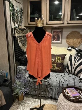 Storybuk Women's Orange Sleeveless V-Neck Tie-Front Top L